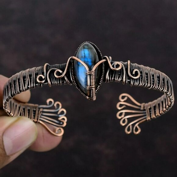 Handcrafted Marquise Labradorite Bangle Wirewrapped w/ Copper Bracelet - Picture 1 of 13